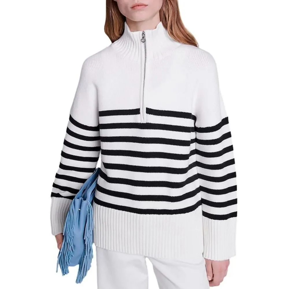 Maje Womens Marina Ivory Zipper Knit Pullover Sweater NWT
